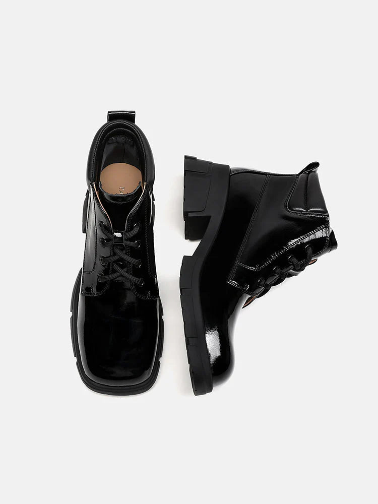 PAZZION, Kenzie Patent Lace Up Ankle Boots, Black