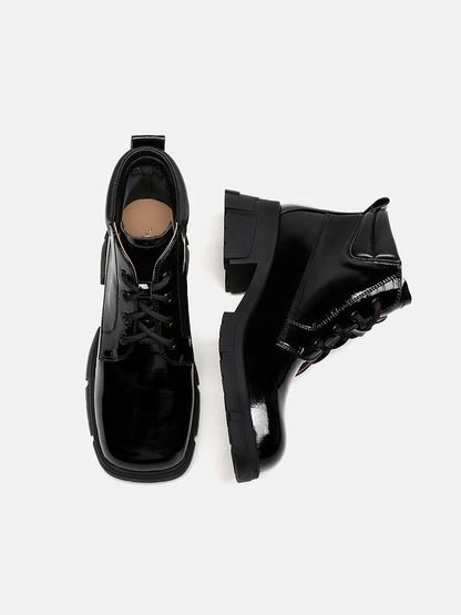 PAZZION, Kenzie Patent Lace Up Ankle Boots, Black