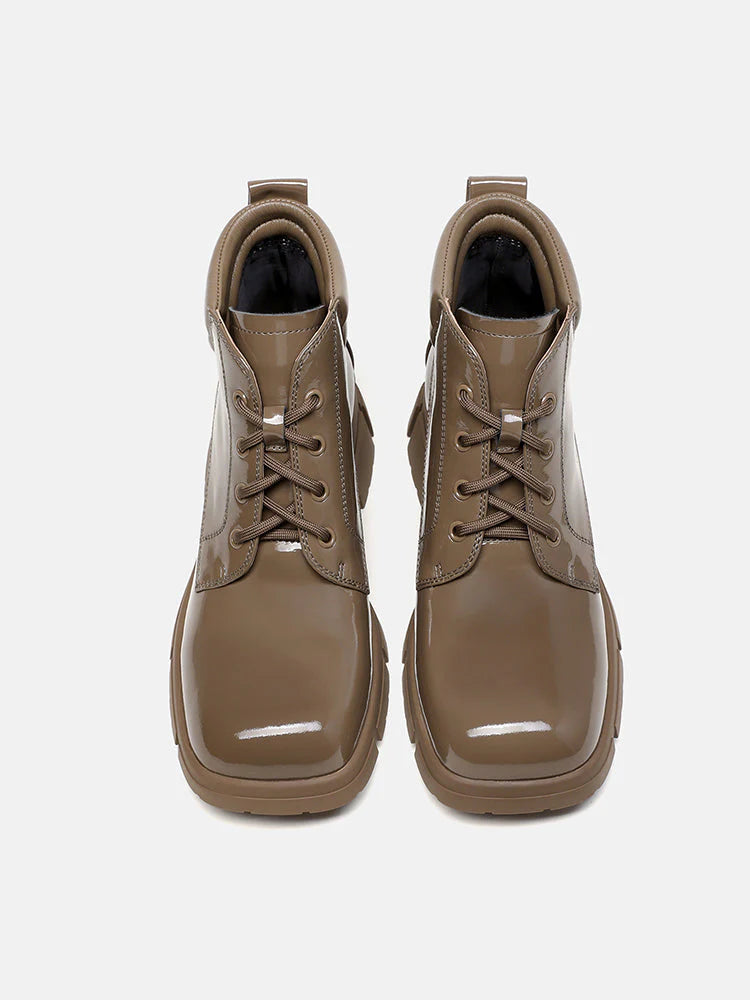 PAZZION, Kenzie Patent Lace Up Ankle Boots, Khaki