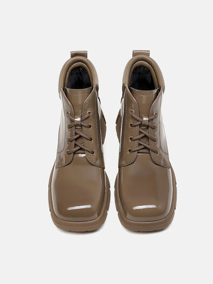 PAZZION, Kenzie Patent Lace Up Ankle Boots, Khaki