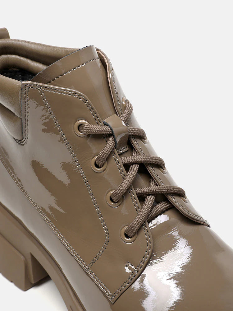 PAZZION, Kenzie Patent Lace Up Ankle Boots, Khaki