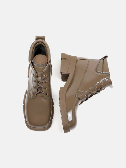 PAZZION, Kenzie Patent Lace Up Ankle Boots, Khaki