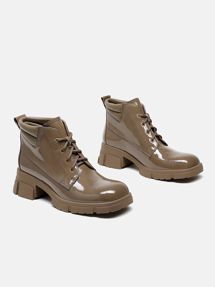 PAZZION, Kenzie Patent Lace Up Ankle Boots, Khaki
