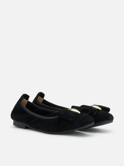 PAZZION, Keyla Gold Accented Bow Suede Flats, Black