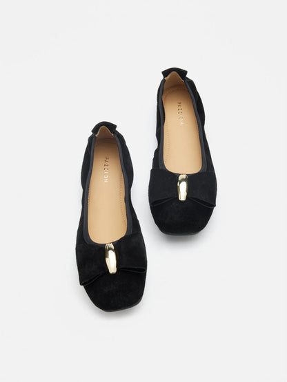 PAZZION, Keyla Gold Accented Bow Suede Flats, Black