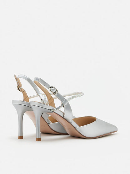 PAZZION, Khloe Satin Pointed-Toe High Heels, Silver