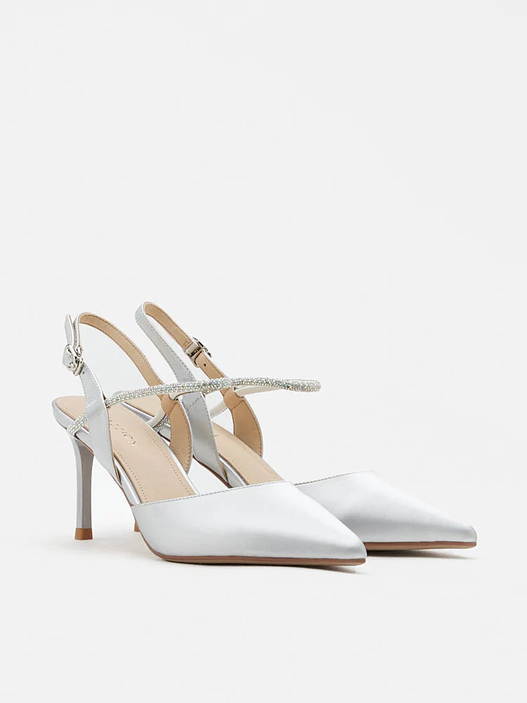 PAZZION, Khloe Satin Pointed-Toe High Heels, Silver