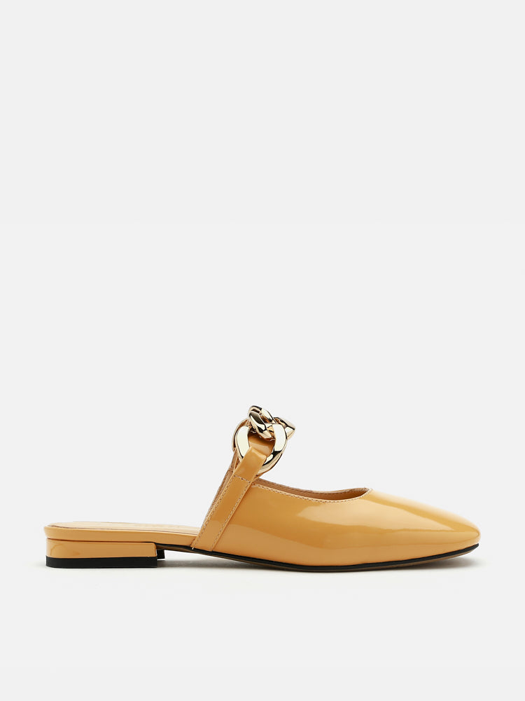 PAZZION, Kirby Oversized Chain Loop Round Toe Patent Mules, Camel