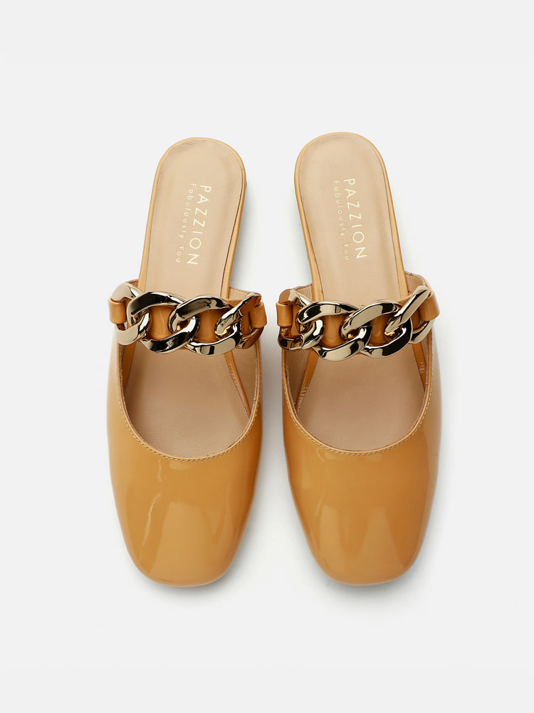 PAZZION, Kirby Oversized Chain Loop Round Toe Patent Mules, Camel