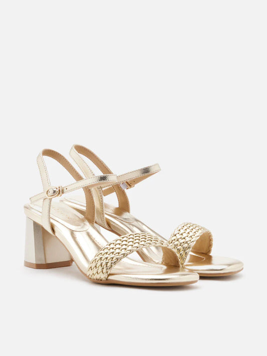 PAZZION, Kit Metallic Woven Strap Sandal Heels, Gold