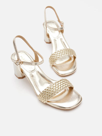 PAZZION, Kit Metallic Woven Strap Sandal Heels, Gold