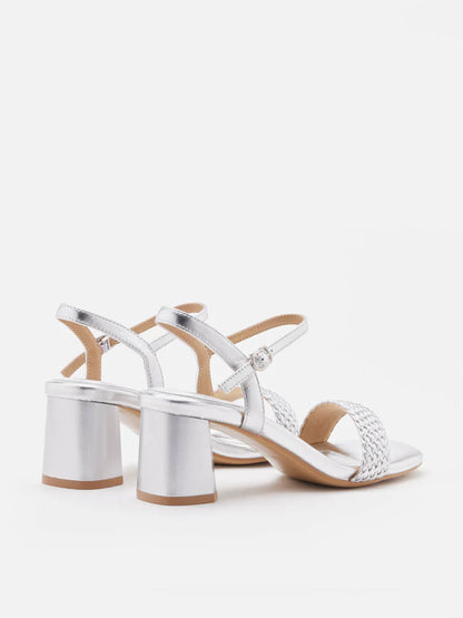 PAZZION, Kit Metallic Woven Strap Sandal Heels, Silver