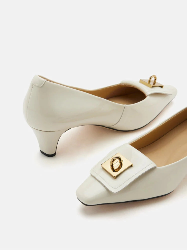 PAZZION, Kora Square Buckle Patent Heels, Beige