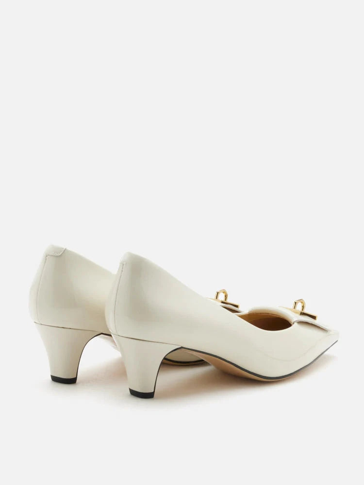 PAZZION, Kora Square Buckle Patent Heels, Beige