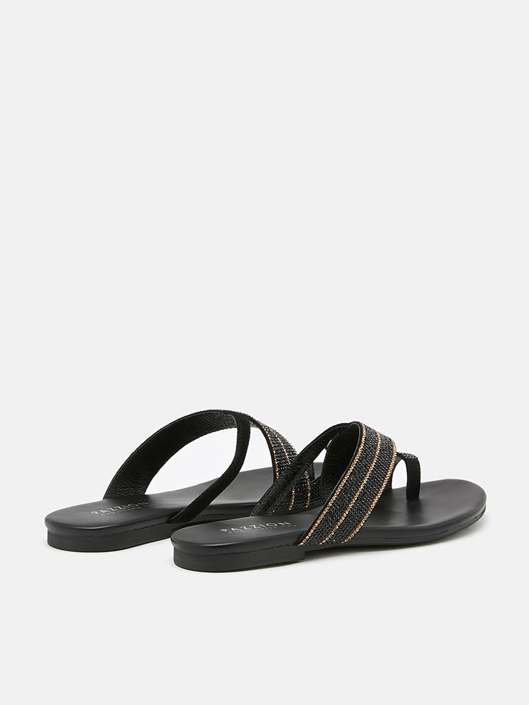 PAZZION, Lauren Glistening Embellished Leather Slide Sandals, Black