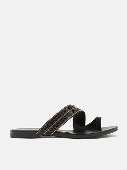 PAZZION, Lauren Glistening Embellished Leather Slide Sandals, Black