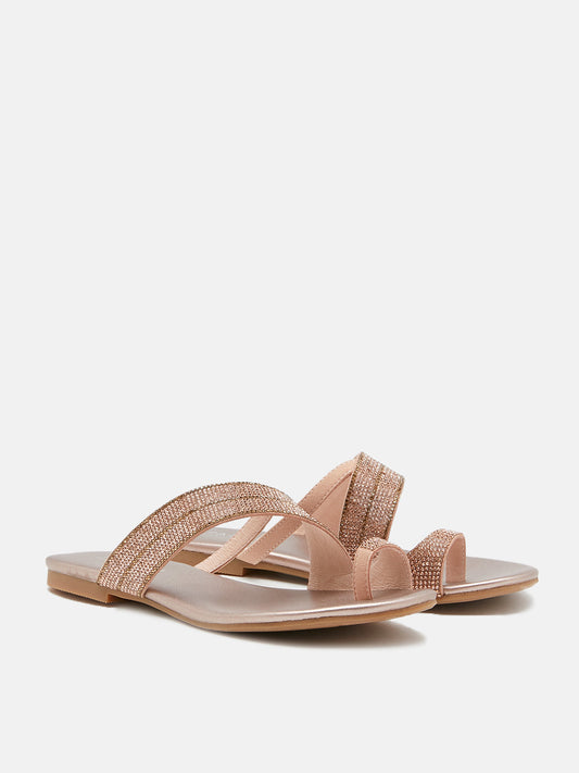 PAZZION, Lauren Glistening Embellished Leather Slide Sandals, Champagne