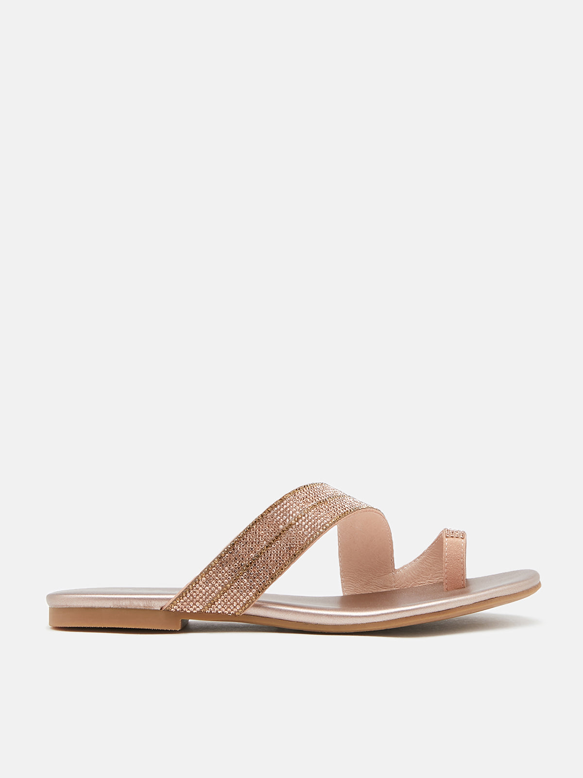 PAZZION, Lauren Glistening Embellished Leather Slide Sandals, Champagne