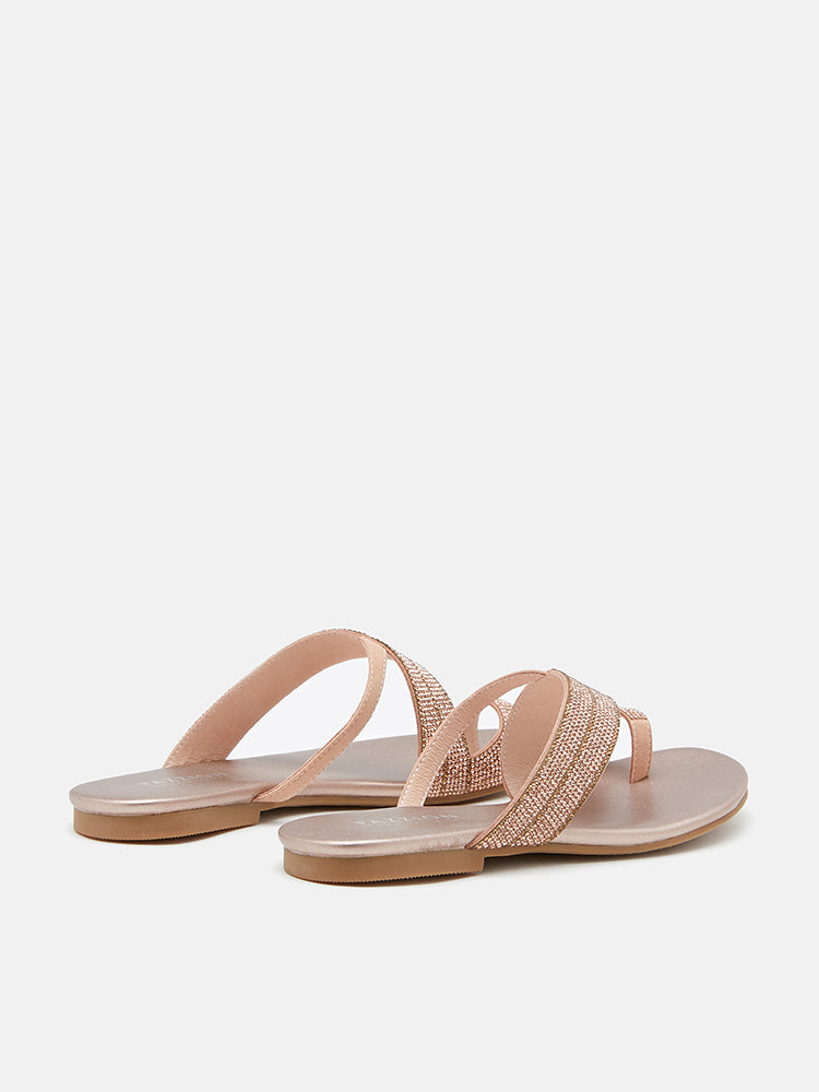 PAZZION, Lauren Glistening Embellished Leather Slide Sandals, Champagne