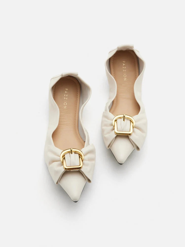 PAZZION, Layla Gold Buckled Bow Foldable Flats, Beige