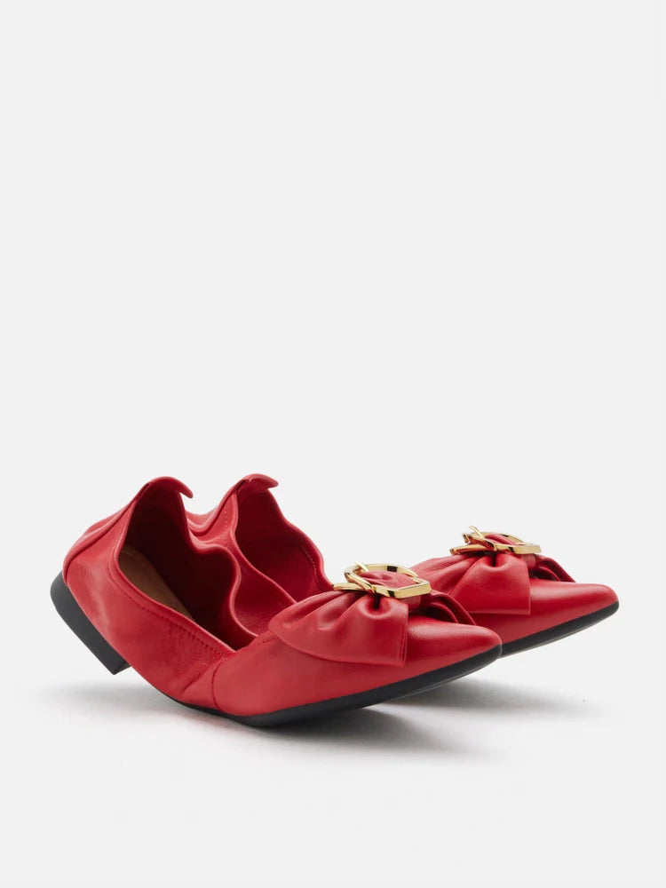 PAZZION, Layla Gold Buckled Bow Foldable Flats, Red