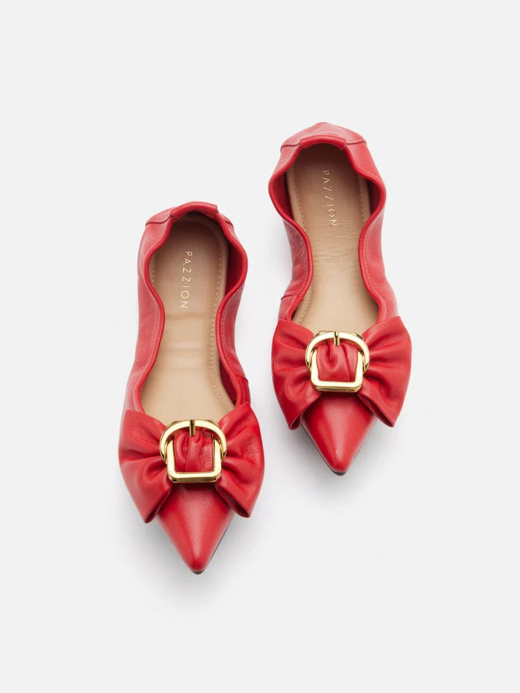 PAZZION, Layla Gold Buckled Bow Foldable Flats, Red