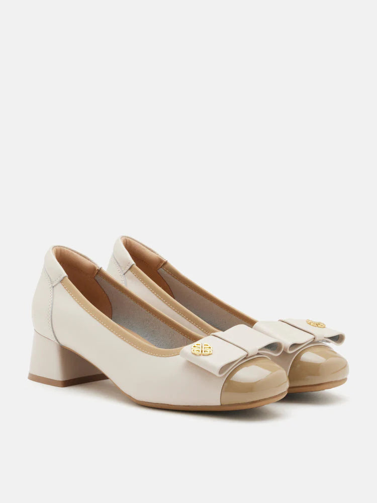 PAZZION, Leanna Leather Bow Low Block Heels, Almond