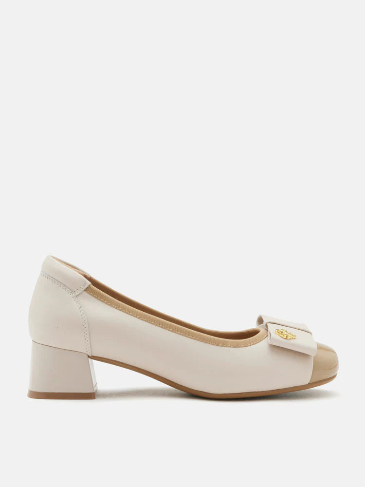 PAZZION, Leanna Leather Bow Low Block Heels, Almond