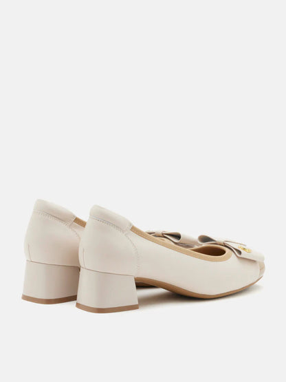 PAZZION, Leanna Leather Bow Low Block Heels, Almond