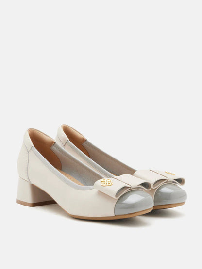 PAZZION, Leanna Leather Bow Low Block Heels, Grey