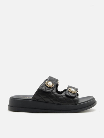 PAZZION, Leia Embellished Quilted Slides, Black