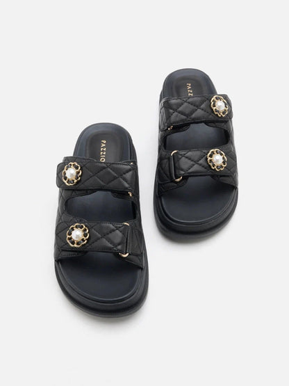 PAZZION, Leia Embellished Quilted Slides, Black