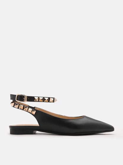 PAZZION, Liz Studded Ankle Strap Flats, Black