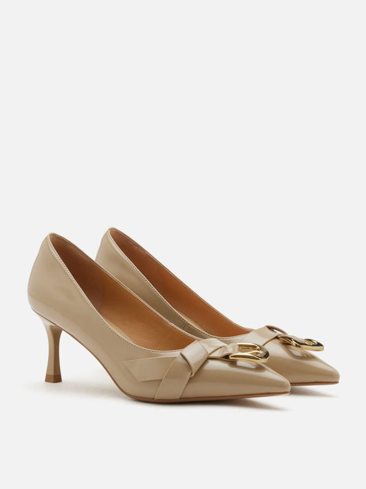 PAZZION, Luca Buckle-Accent Pointed Toe Heels, Almond