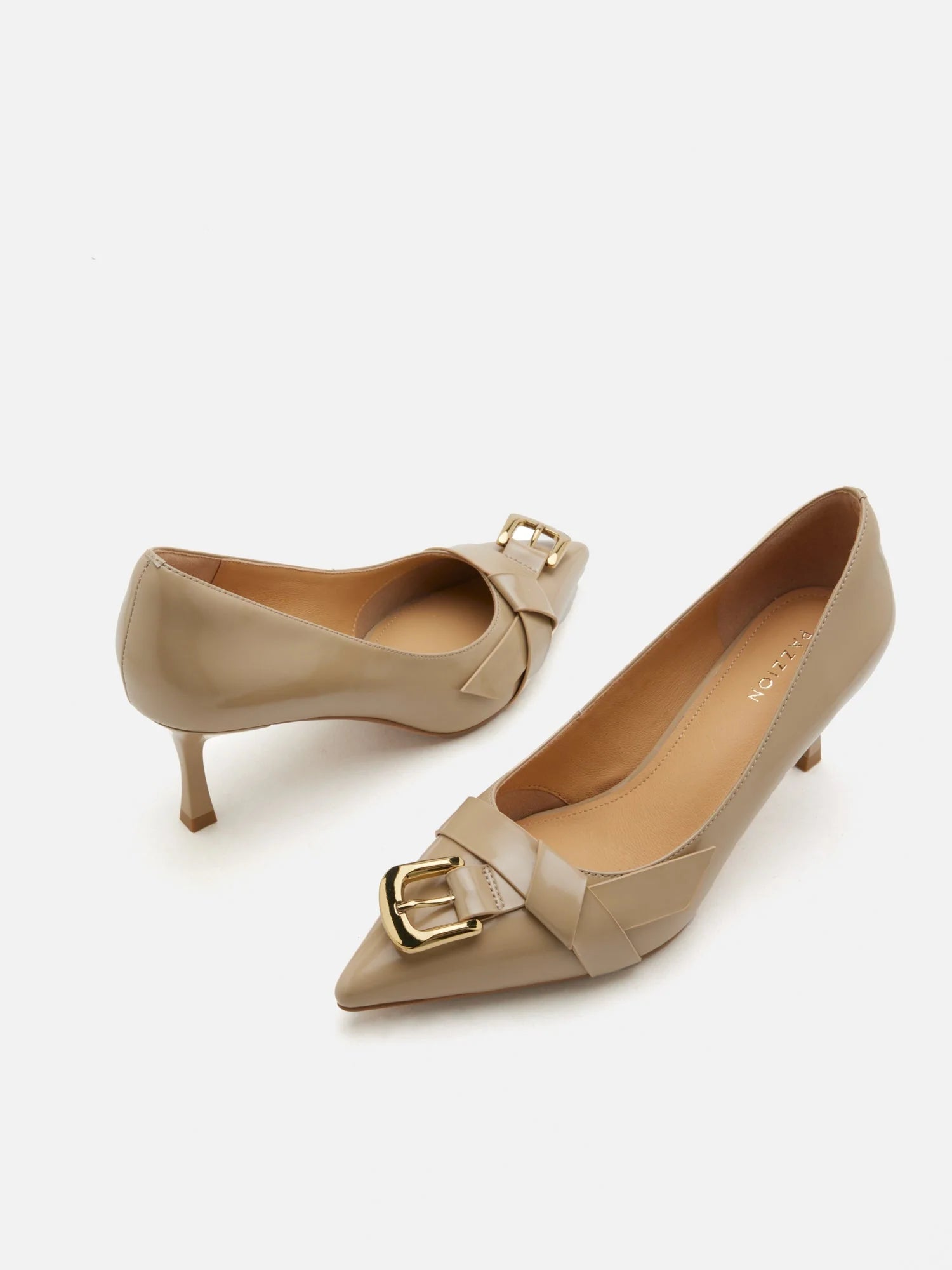 PAZZION, Luca Buckle-Accent Pointed Toe Heels, Almond