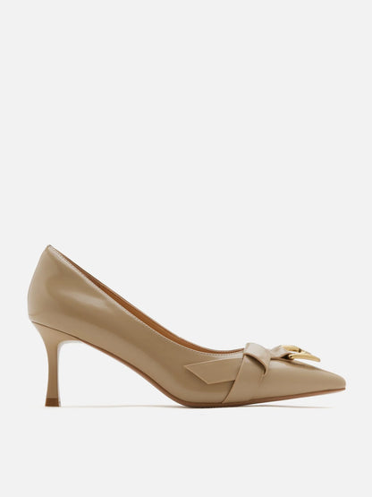 PAZZION, Luca Buckle-Accent Pointed Toe Heels, Almond