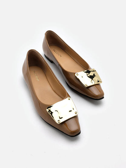 PAZZION, Lucinda Gold Buckle Patent Covered Flats, Khaki