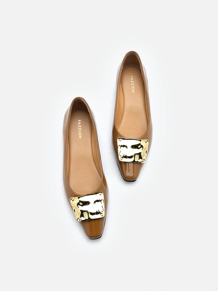 PAZZION, Lucinda Gold Buckle Patent Covered Flats, Khaki