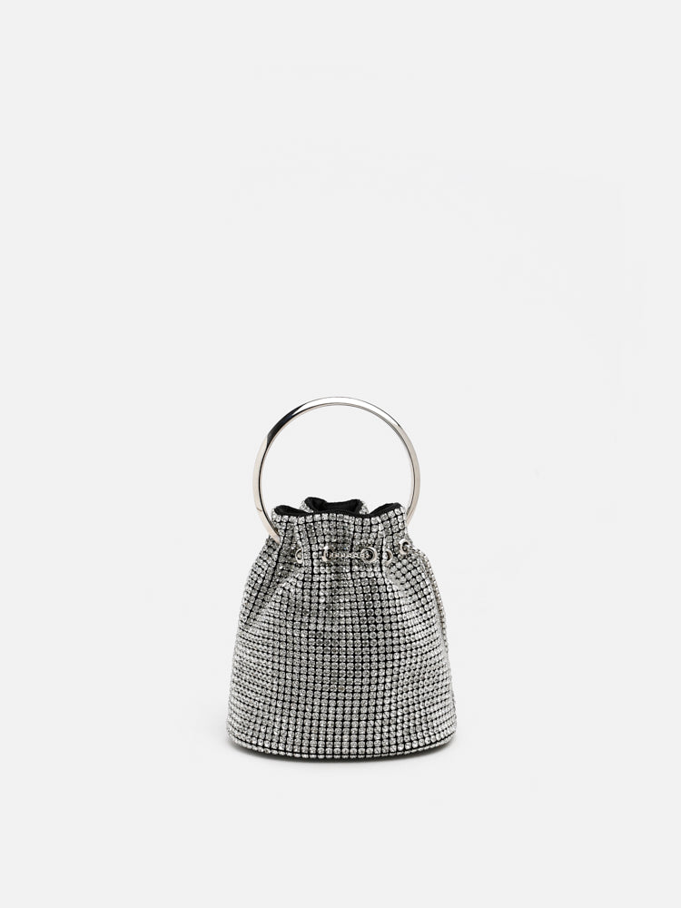 PAZZION, Luna Diamante Mini Bucket Bag, Silver