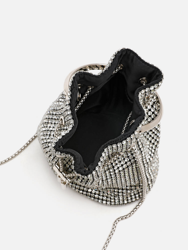 PAZZION, Luna Diamante Mini Bucket Bag, Silver