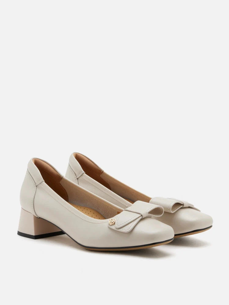 PAZZION, Lysandra Leather Bow Low Block Heels, Beige