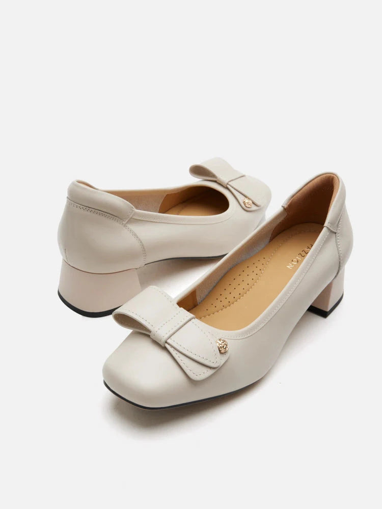 PAZZION, Lysandra Leather Bow Low Block Heels, Beige