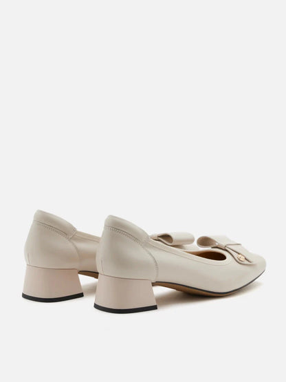 PAZZION, Lysandra Leather Bow Low Block Heels, Beige