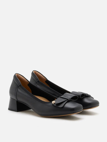 PAZZION, Lysandra Leather Bow Low Block Heels, Black