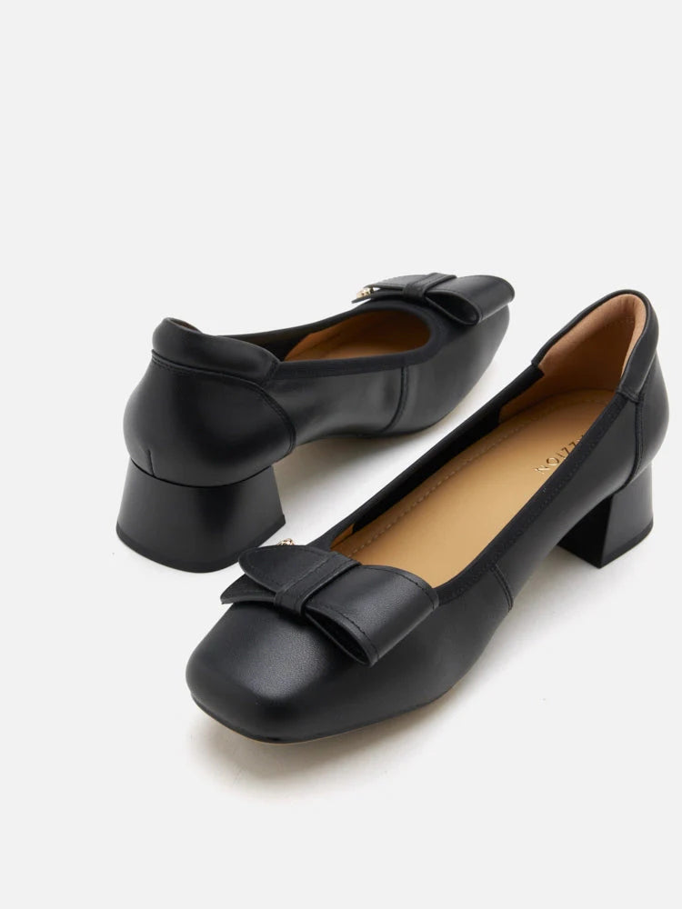 PAZZION, Lysandra Leather Bow Low Block Heels, Black