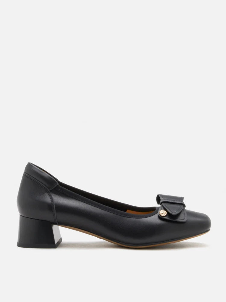 PAZZION, Lysandra Leather Bow Low Block Heels, Black