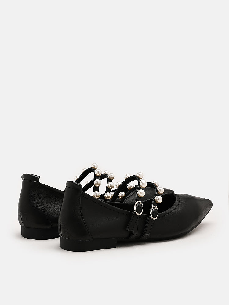 PAZZION, Mabel Pearl Embellished Leather Point-toe Pumps, Black