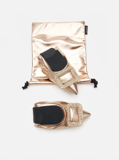 PAZZION, Maddox Crystal Buckle Pointed Toe Foldable Flats, Champagne