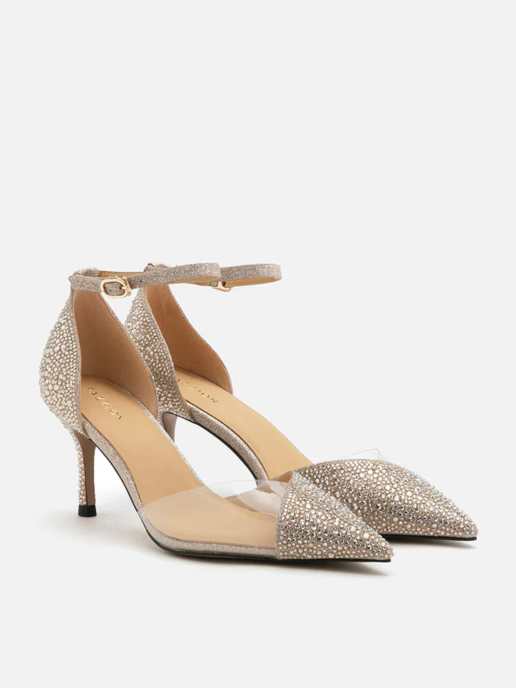 PAZZION, Madeline Crystal V-Cut Ankle Strap Pump Heels, Gold