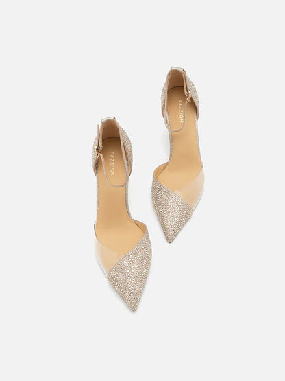 PAZZION, Madeline Crystal V-Cut Ankle Strap Pump Heels, Gold